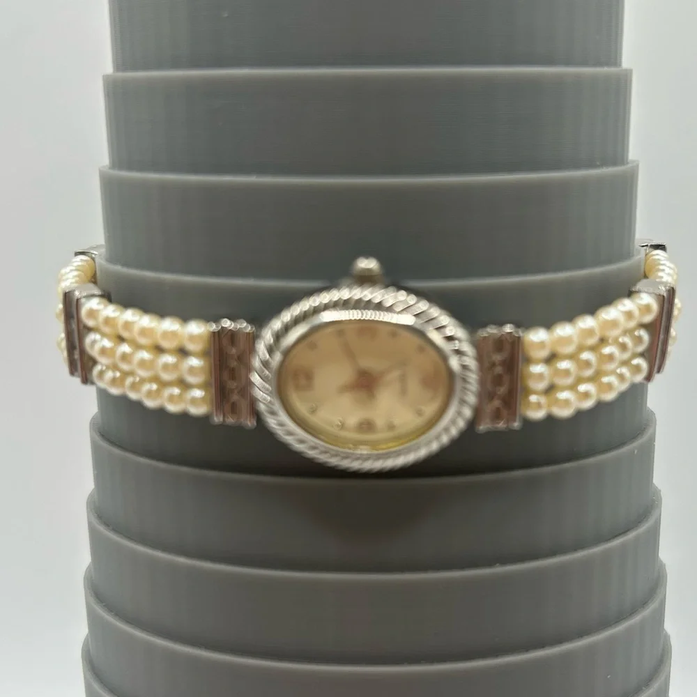 Avon VTG Faux Pearl Band Women's Silver Tone Oval Watch - With New Battery